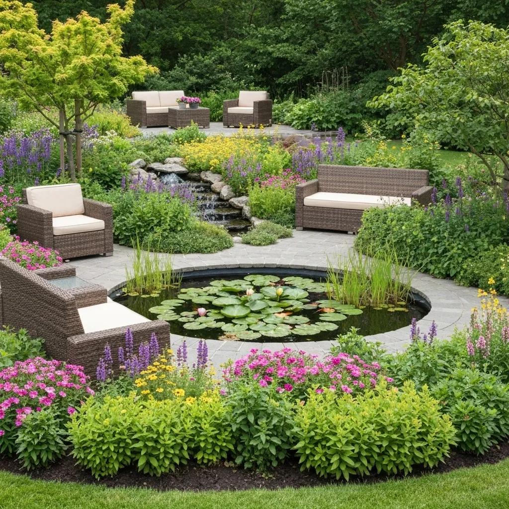 Lush garden border with layered perennials, ornamental grasses, and a natural stone fountain